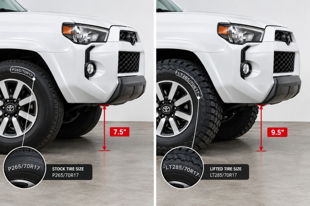 Visual comparison of a white SUV front end showing ground clearance increase from 7.5 to 9.5 inches using larger tires on identical alloy wheels