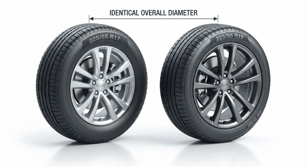 Infographic comparing 225/65 R17 and 225/55 R19 tire sizes with identical overall diameter.